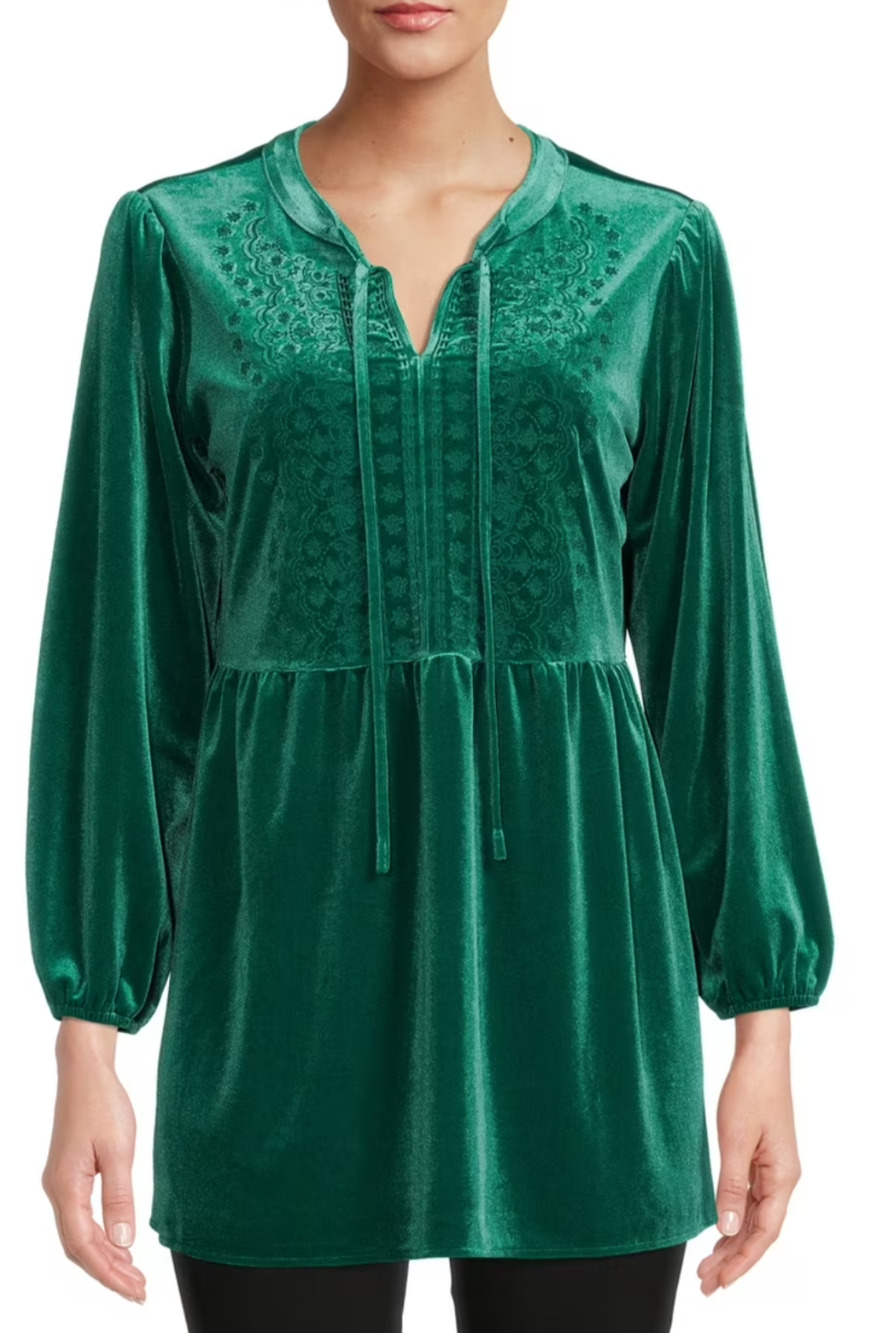 The Pioneer Woman emerald green velvet embroidered top Size XXL Retro Boho